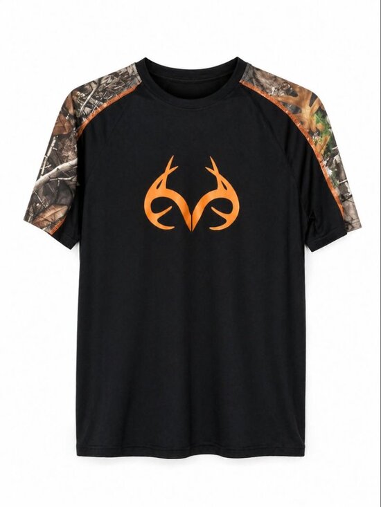 Realtree Other - REALTREE Black Short-Sleeve Shirt with Orange Deer Logo and Camo Shoulders
